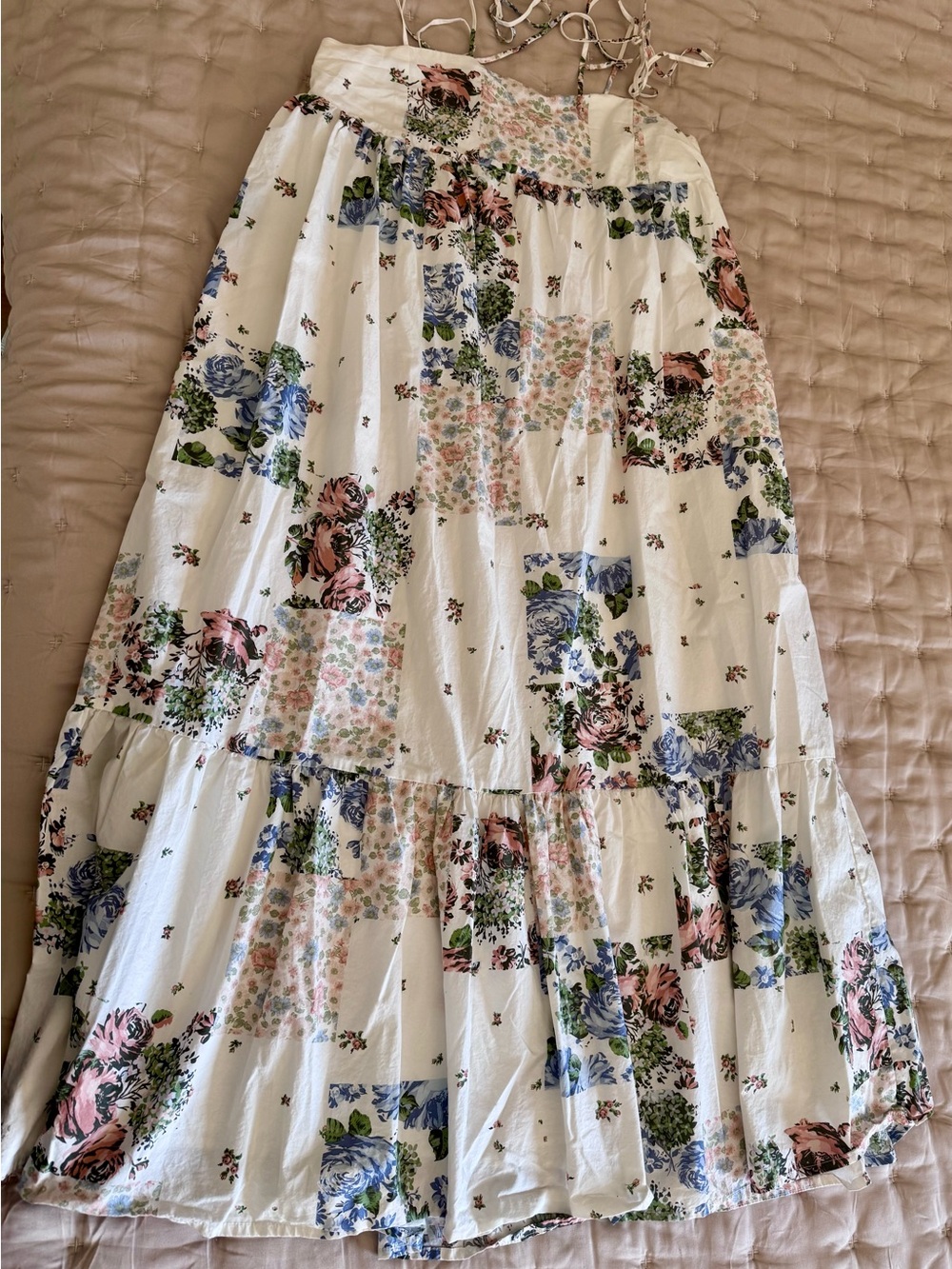 Floral Patchwork Maxi Dress with Tie Straps - White with Pink & Blue Flowers